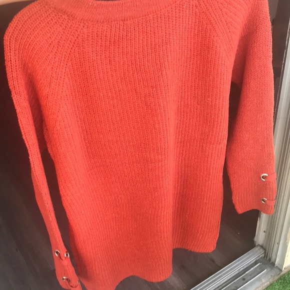 Burnt Red Rib Lace Up V Neck Tweed Knit Sweater - Picture 4 of 8